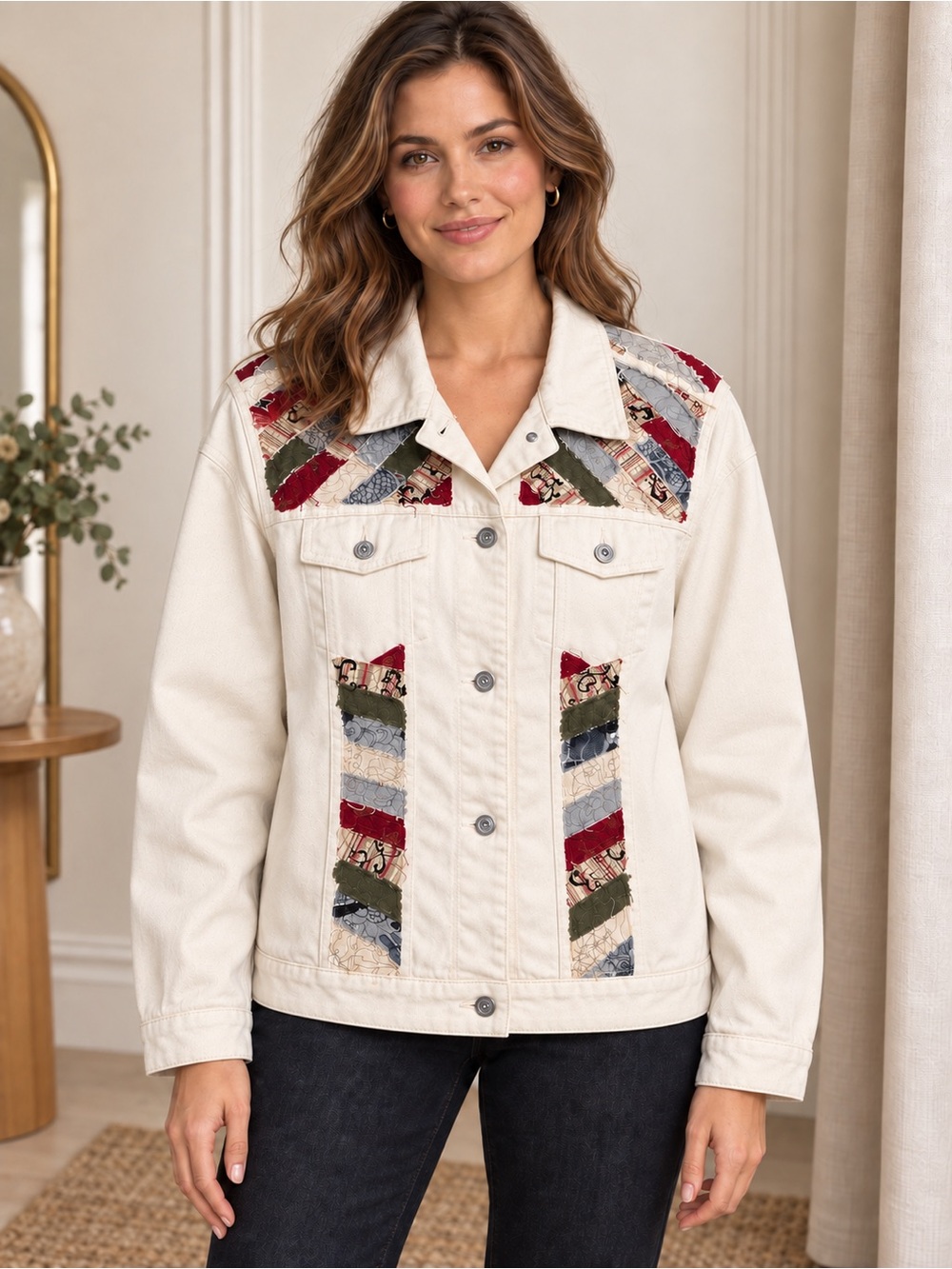 Eddie Bauer Cream Denim Jacket with Red, Green and Blue Patchwork